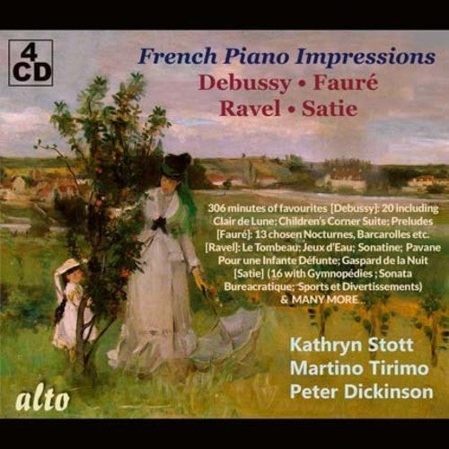 the album cover for Kathryn Stott / Tirimo,Martino / Dickinson,Peter - French Piano Impressions / Debussy - Faure - Ravel - Satie