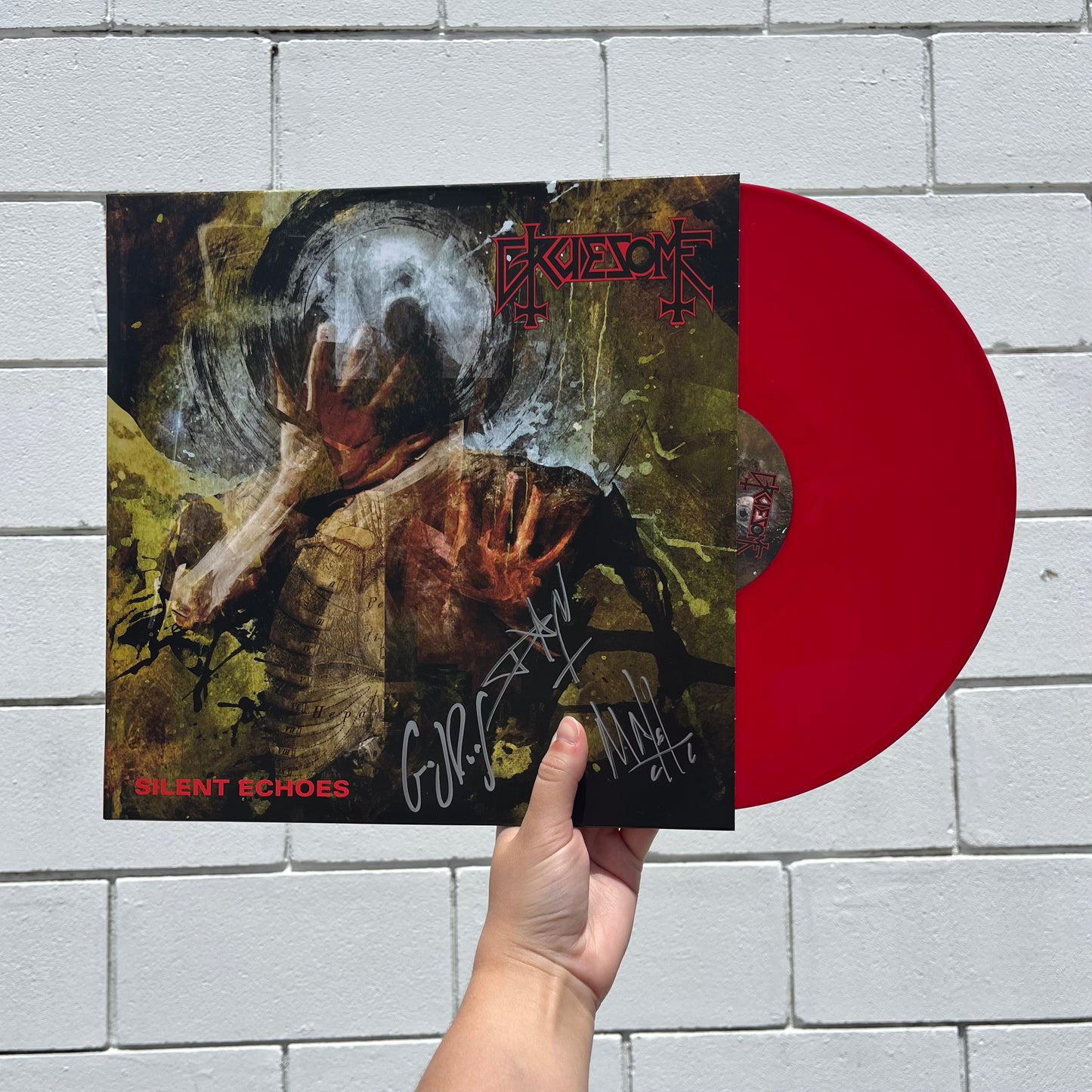 Signed copy of Gruesome - Silent Echoes on Blood Red vinyl with the disc displayed