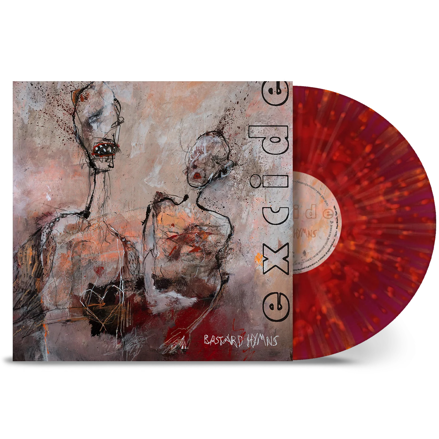 product mockup of Excide - Bastard Hymns on rust and blood vinyl lp