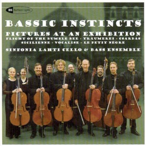 the album cover for Sinfonia Lahti Cello and Bass Ensemble - Bassic Instincts: Popular Works for Low Strings