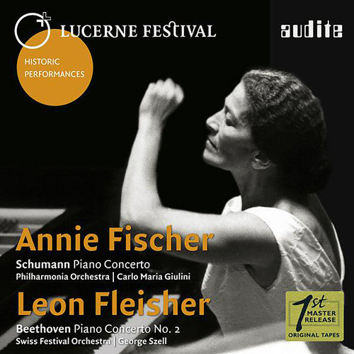 the album cover for Schumann / Szell / Swiss Festival Orchestra - Annie Fischer & Leon Fleisher play Schumann & Beethoven PianoConcertos