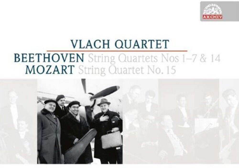 the album cover for Beethoven / Mozart / Vlach Quartet - Beethoven: String Quartets Nos 1-7 & 14 / Mozart: String Quartet No 15