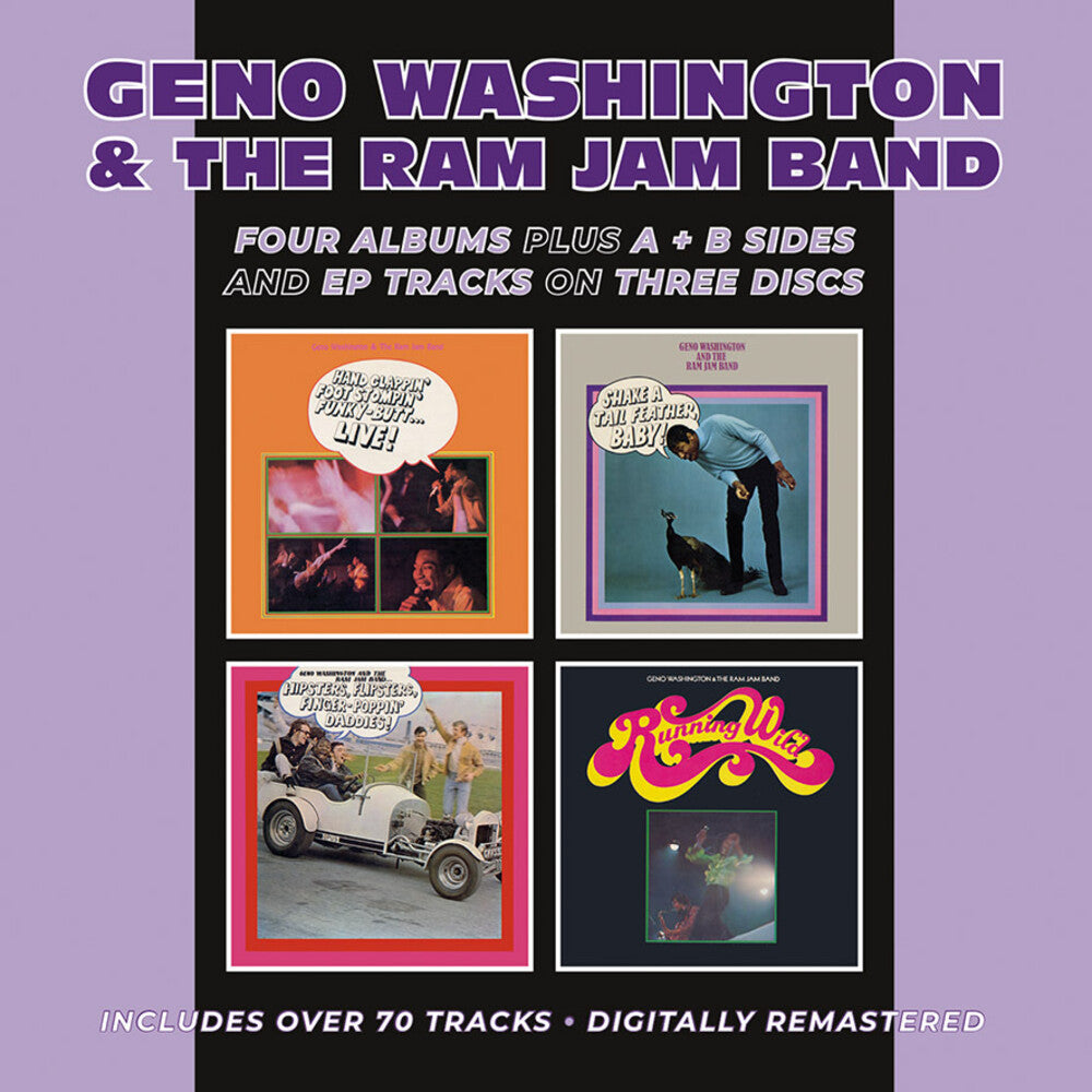the album cover for Geno Washington & The Ram Jam Band - Hand Clappin' Foot Stompin' Funky-Butt... Live! / Shake A Tail Feather/ Hipsters, Flipsters, Finger-Poppin' Daddies! / Running W