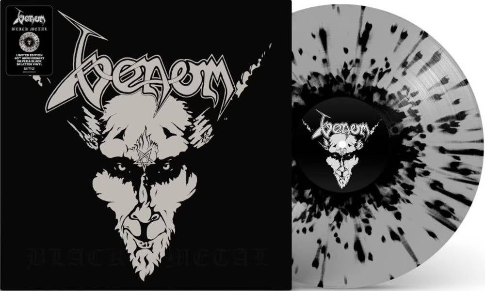 the album cover for Venom - Black Metal [RSD Essential Indie Colorway Silver & Black Splatter LP]