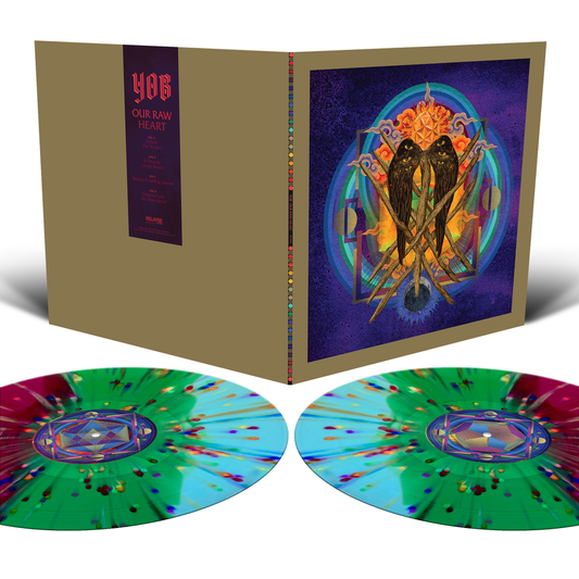 the album cover for Yob - Our Raw Heart [Deep Purple, Kelly Green and Electric Blue Striped with Rainbow Splatter]