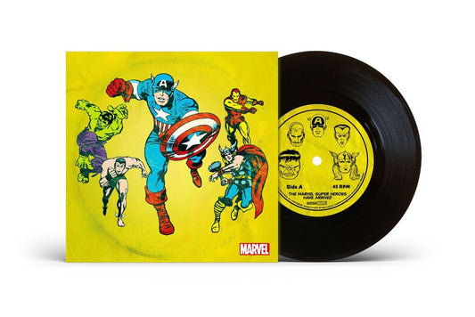 product mockup for Marvel Chorus - Merry Marvel Marching Society (1966 Theme) / The Marvel Super Heroes Have Arrived [7" Single]