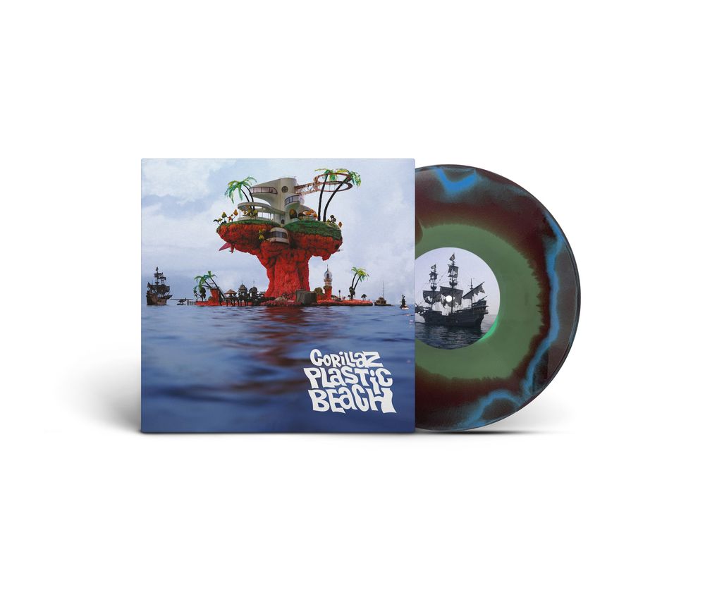 the album cover for Gorillaz - Plastic Beach - Brick & Mortar Exclusive [Blue, Green and Orange Half-speed Mastered]