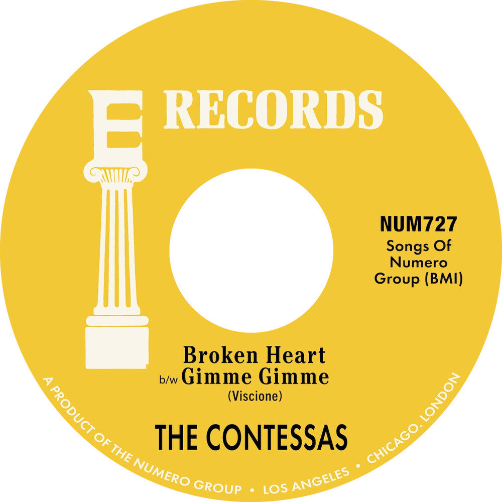 the album cover for The Contessas - Broken Heart b/w Gimme Gimme [Vinyl Single]
