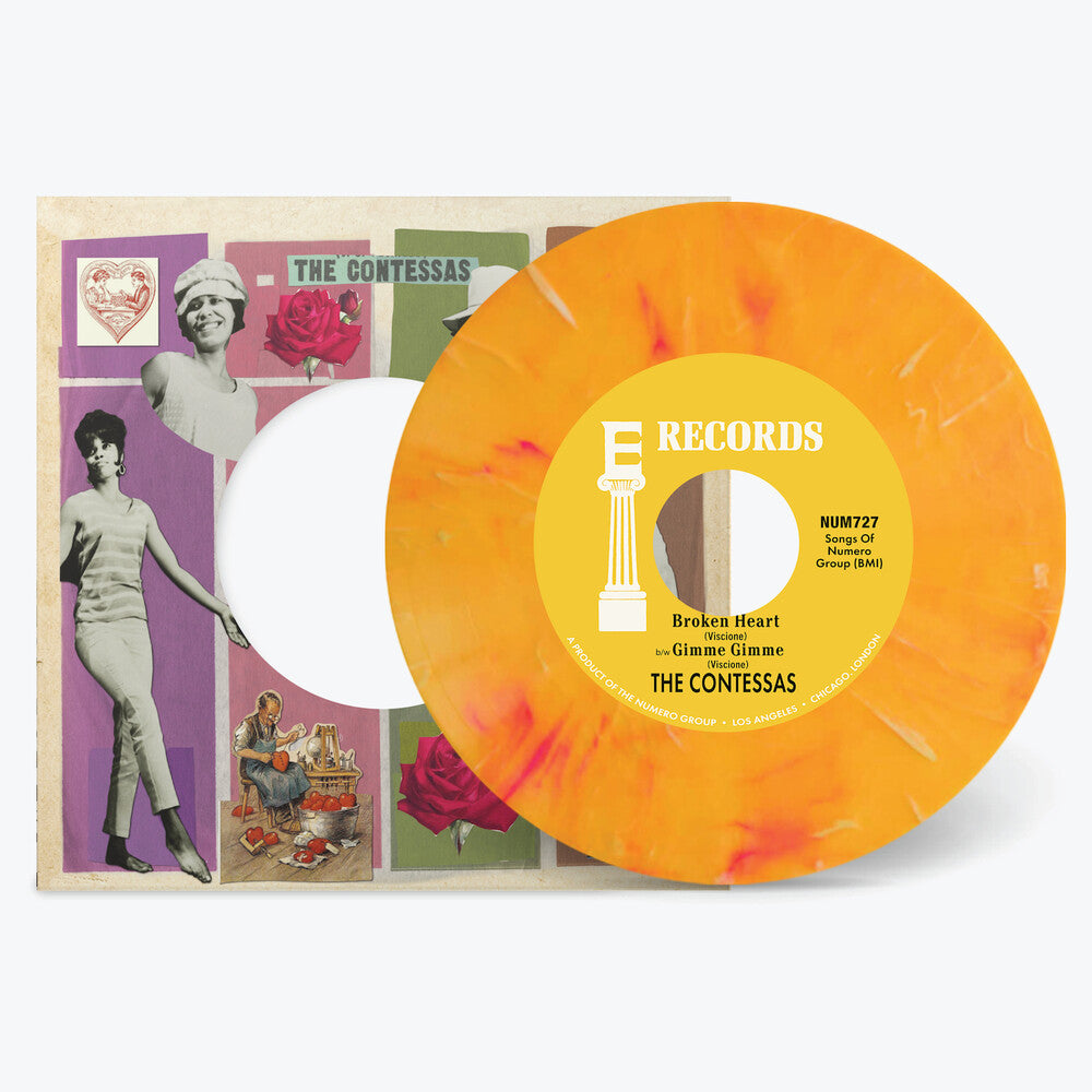the album cover for The Contessas - Broken Heart b/w Gimme Gimme [Opaque Peach & White Marble Vinyl Single]
