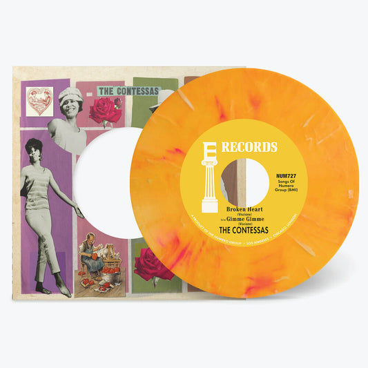 the album cover for The Contessas - Broken Heart b/w Gimme Gimme [Opaque Peach & White Marble Vinyl Single]