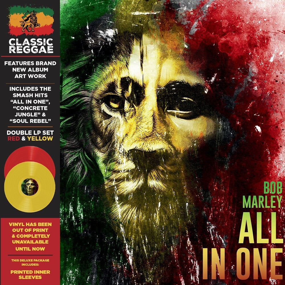 the album cover for Bob Marley - All In One [Colored Vinyl] [Limited Edition] (Red) (Ylw) [Remastered] [Reissue]