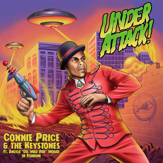 the album cover for Connie Price & The Keystones ft. Angelo Moore of Fishbone - Under Attack! b/w Under Attack! (Professor Shorthair Remix) [Purple & Green Splatter]