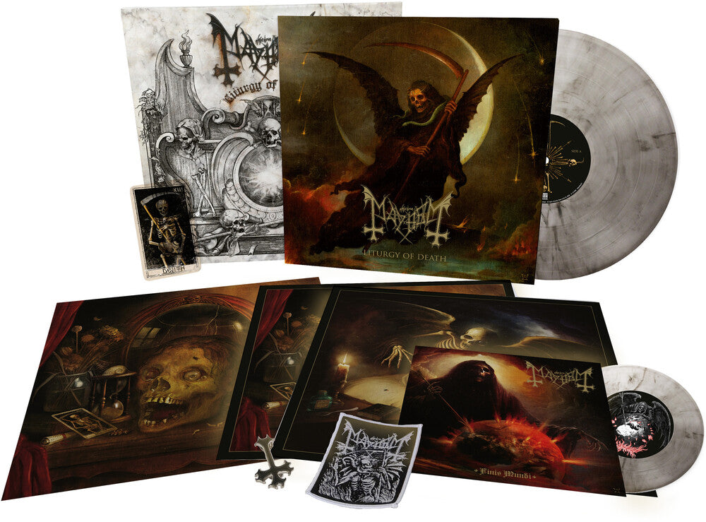 the album cover for Mayhem - Liturgy Of Death [Limited Edition Clear-Black Marbled LP + 7 Inch Box Set]