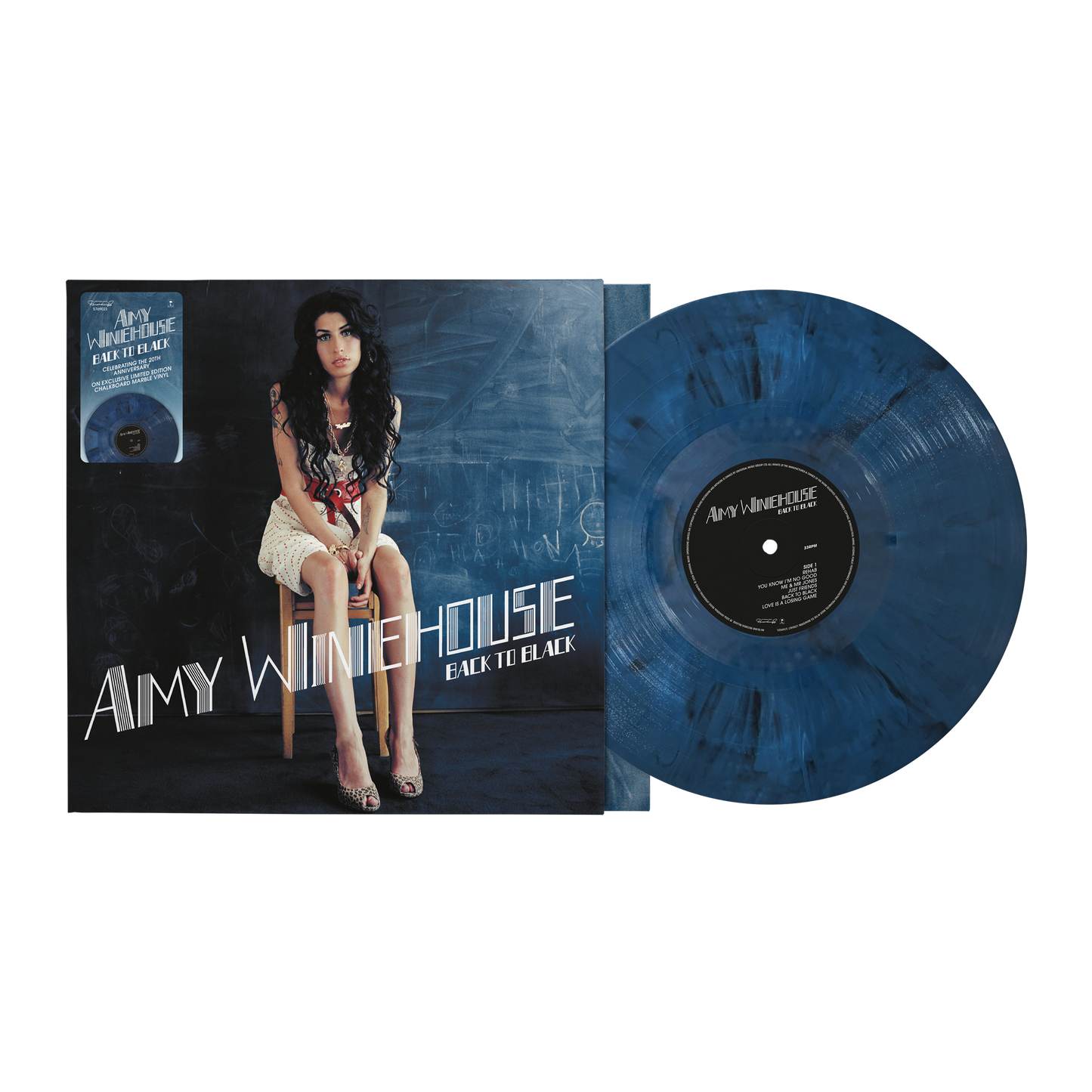 product mockup for Amy Winehouse - Back To Black (20th Anniv.) [Indie Exclusive Chalkboard Marble LP]
