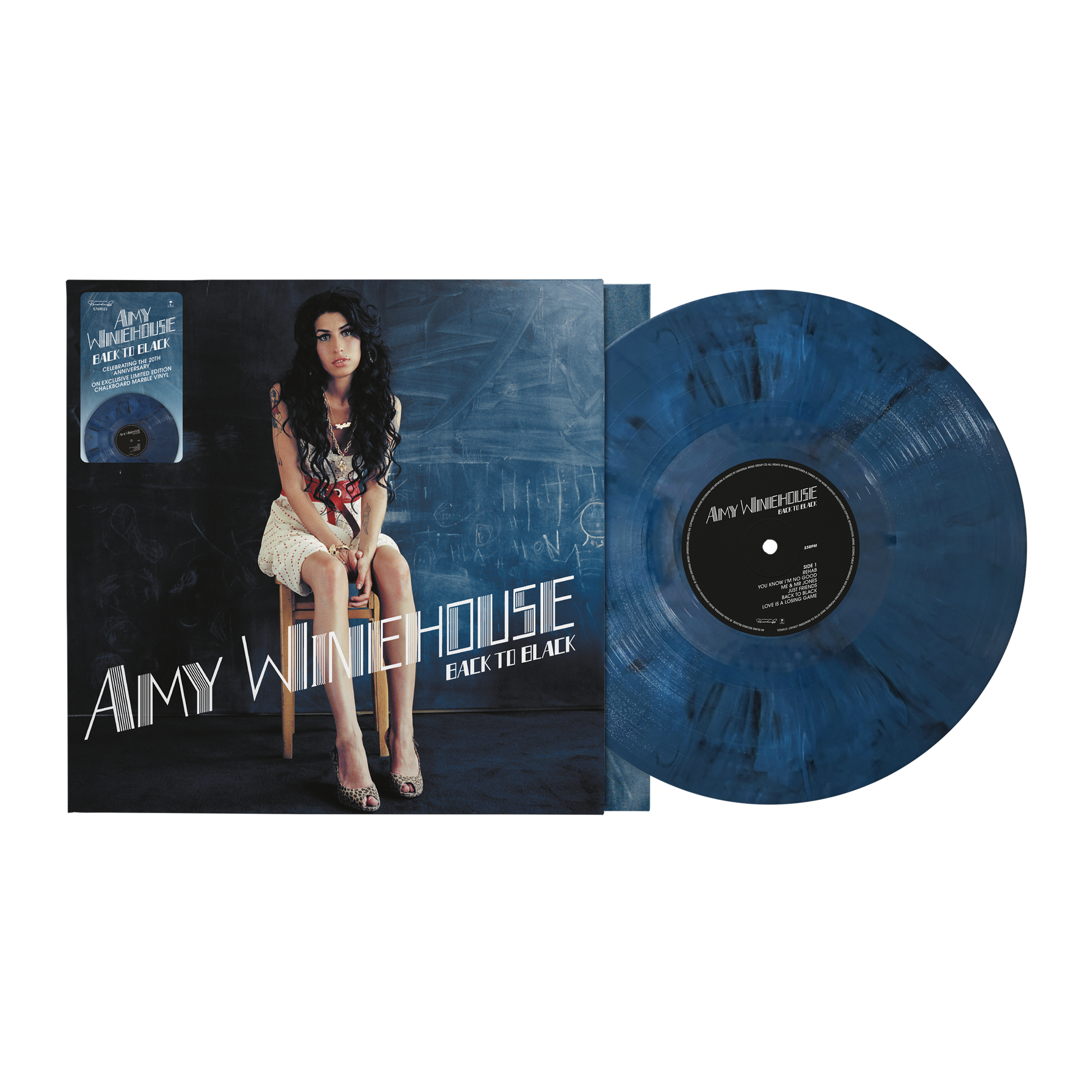 product mockup for Amy Winehouse - Back To Black (20th Anniv.) [Indie Exclusive Chalkboard Marble LP]