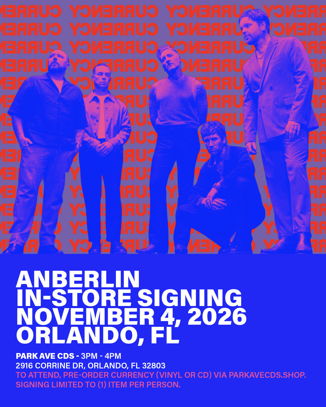 Pre-Order: Anberlin - 'CURRENCY' In-Store Signing @Park Ave CDs