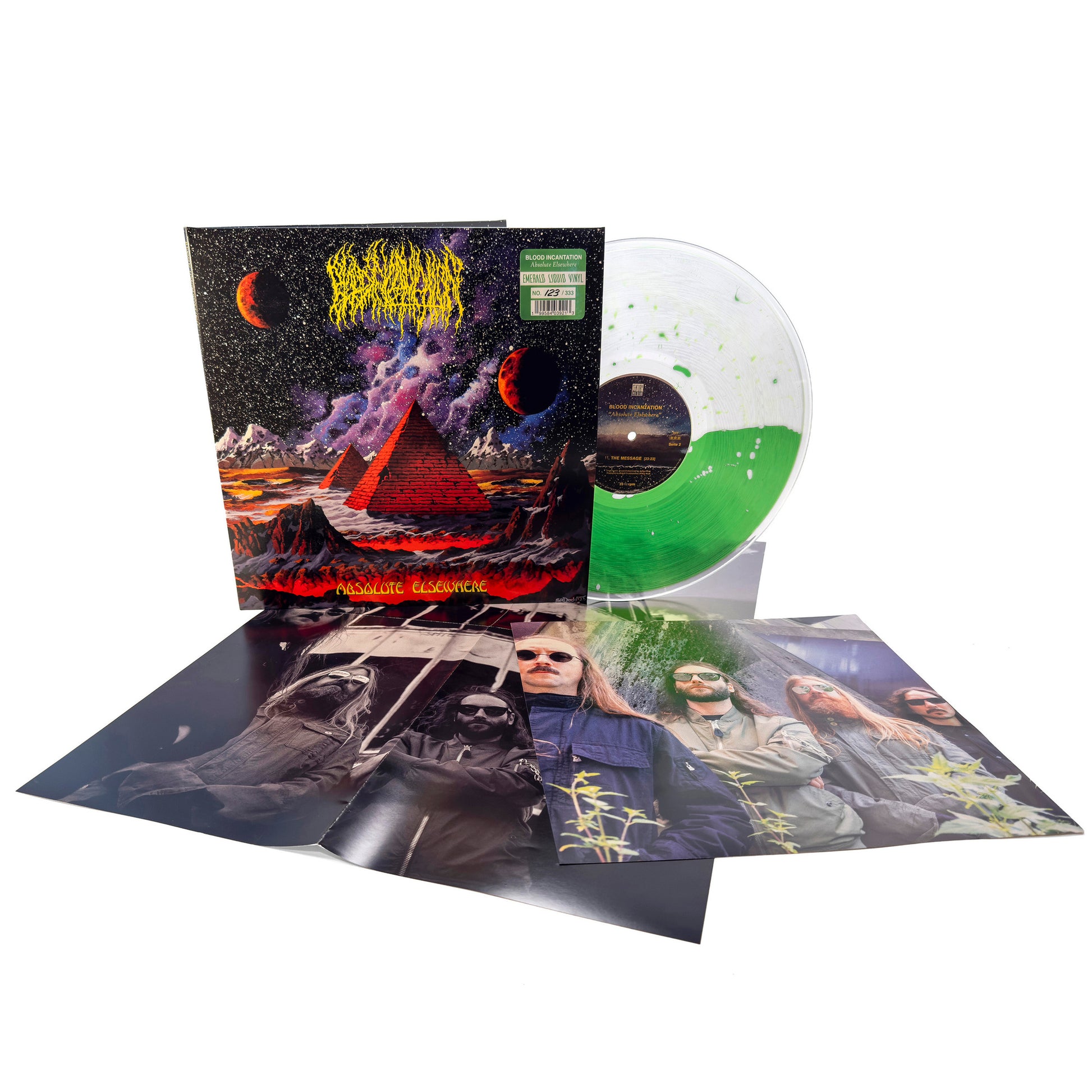 product mockup for Blood Incantation - Absolute Elsewhere [Emerald Liquid Filled LP w/ Poster]