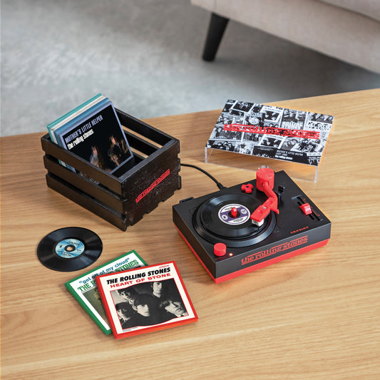 product mockup of Crosley Rolling Stones 3" Mini Bluetooth Turntable