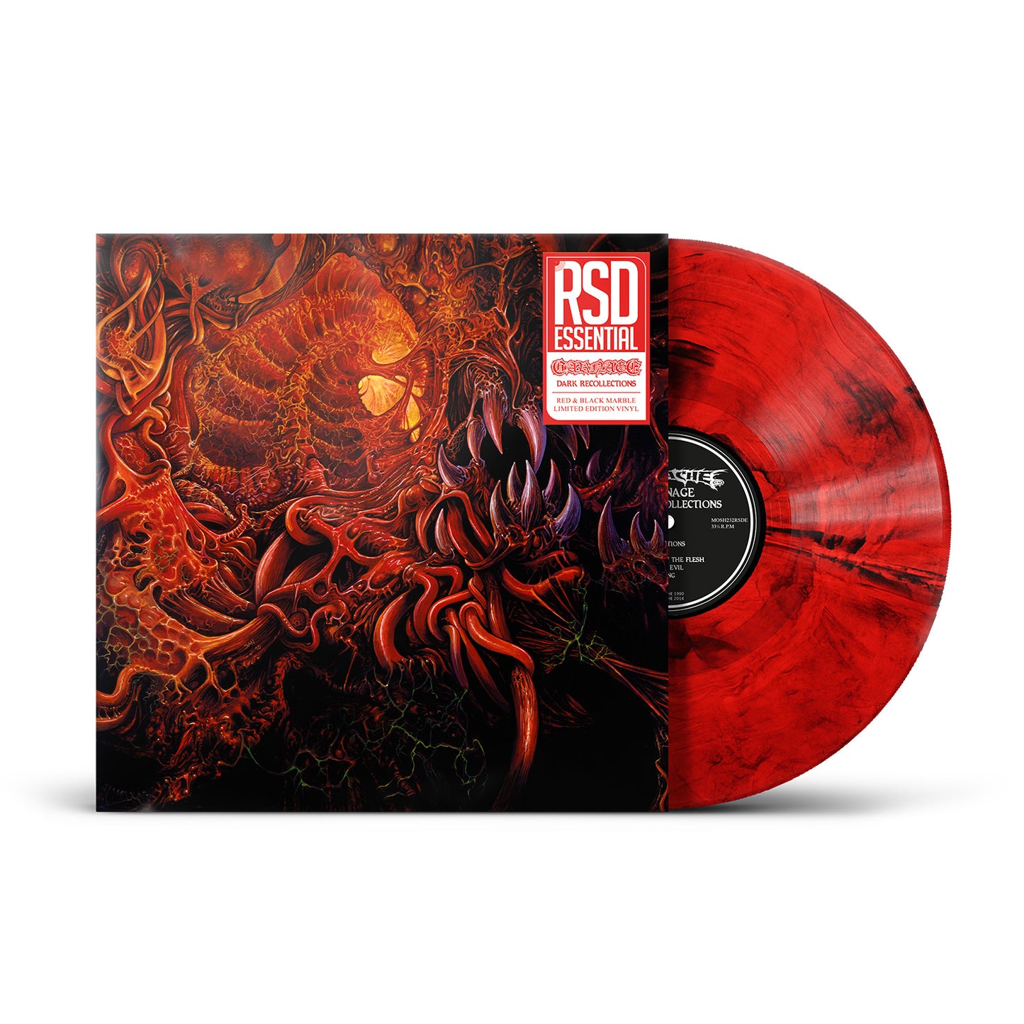 product mockup for Carnage - Dark Recollections [Indie Exclusive Red & Black Marble LP]