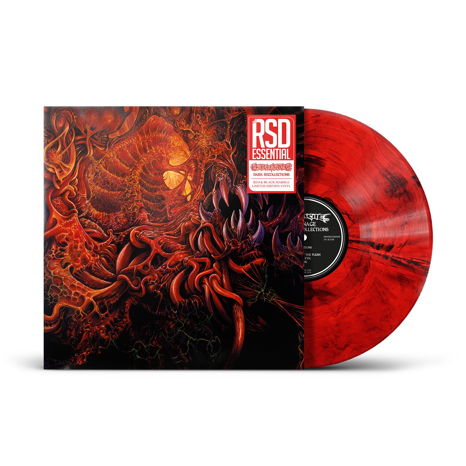 product mockup for Carnage - Dark Recollections [Indie Exclusive Red & Black Marble LP]