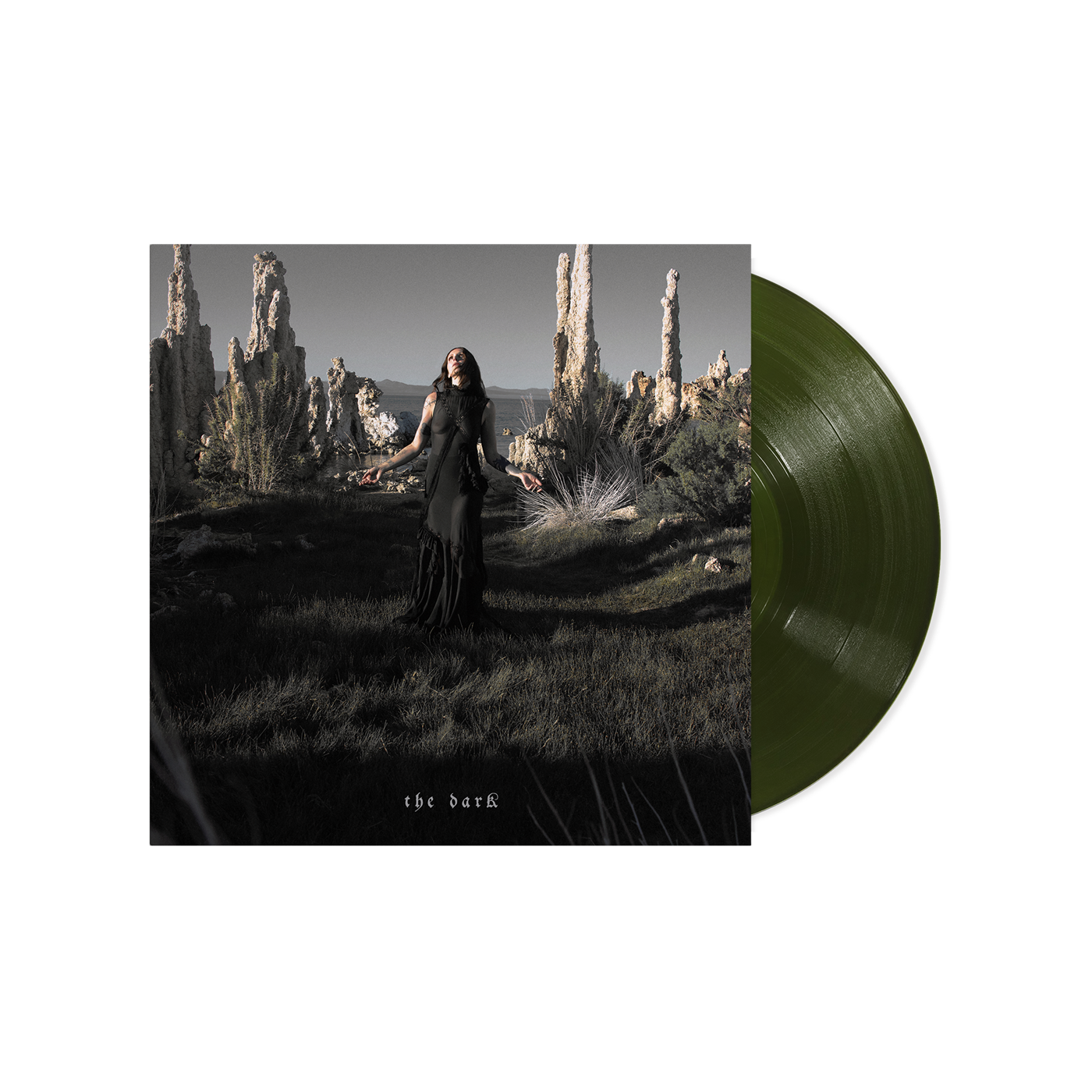 Product mockup for Chelsea Wolfe - The Dark [Indie Exclusive Trans. Dark Green Grass LP]