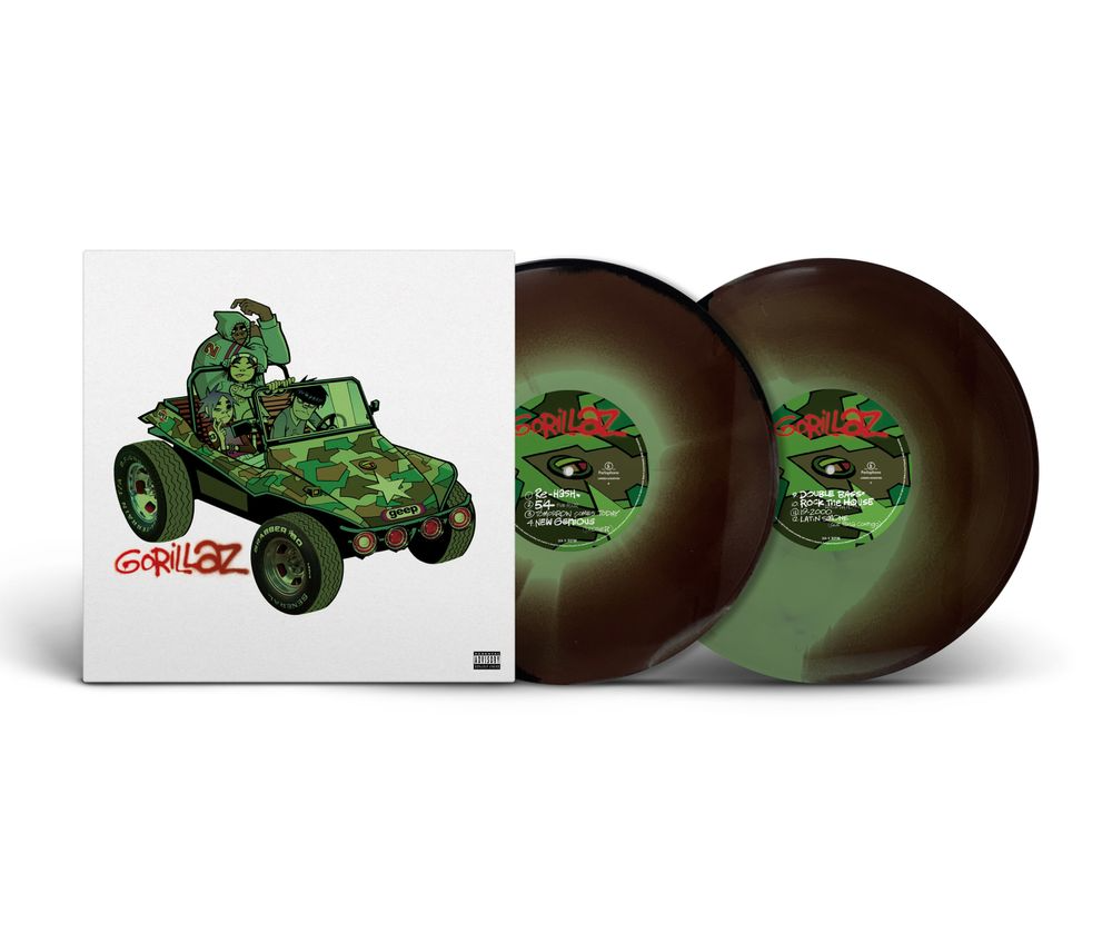 product mockup for Gorillaz - Gorillaz [Brick & Mortar Exclusive Camouflage Green, Brown and Black 2LP]
