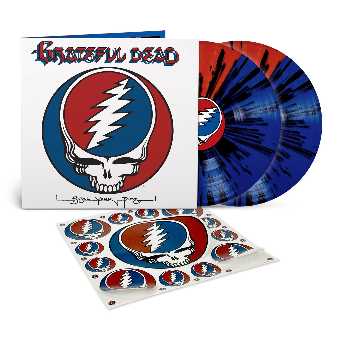 product mockup for Grateful Dead - Steal Your Face (Spirit of '76) [Brick & Mortar Exclusive Grateful Red & Stealie Blue Splatter 2LP]