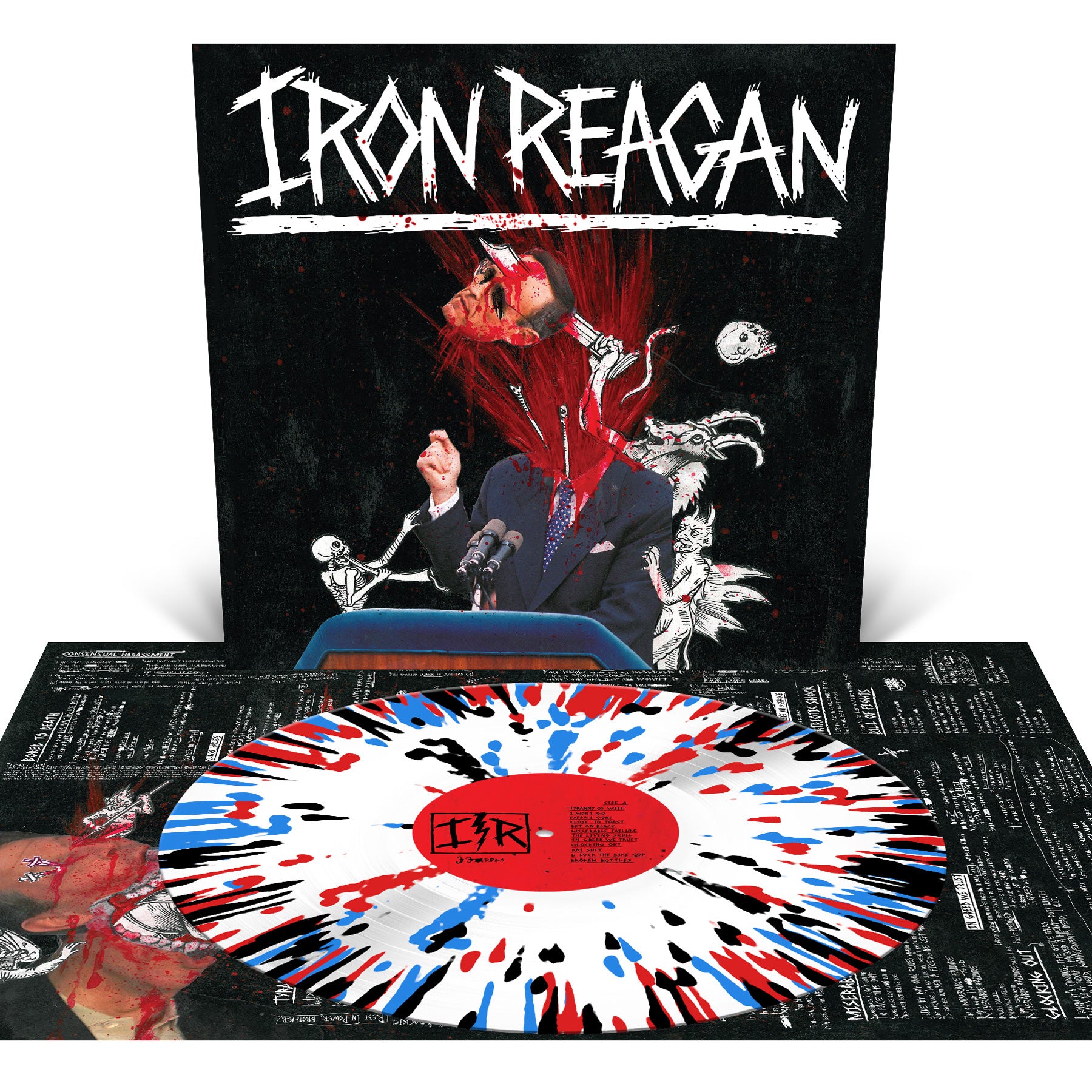 Product mockup for Iron Reagan - The Tyranny of Will [White w/ Splatter LP]