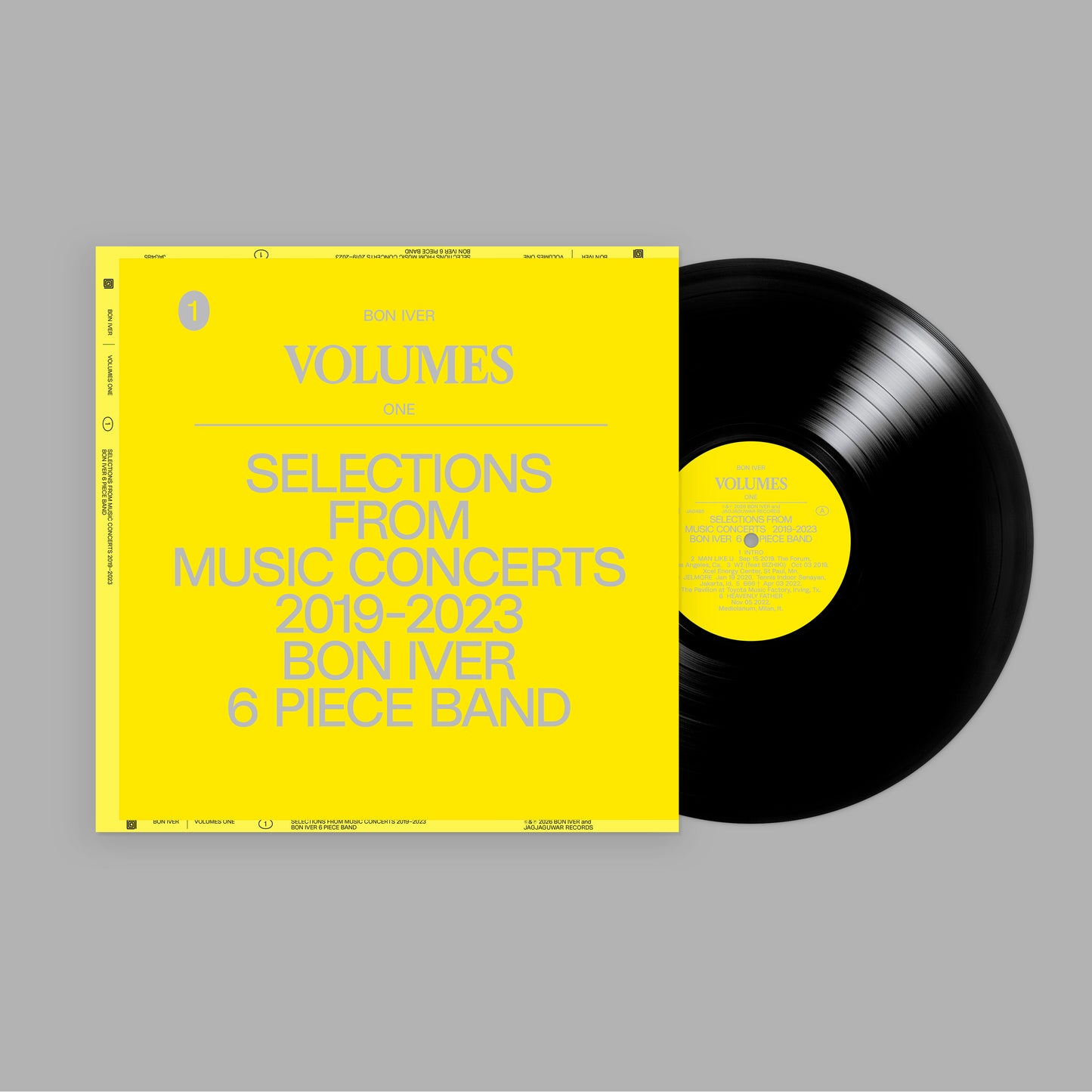 product mockup for Bon Iver - VOLUMES: ONE "SELECTIONS FROM MUSIC CONCERTS 2019-2023 BON IVER 6 PIECE BAND" [LP]