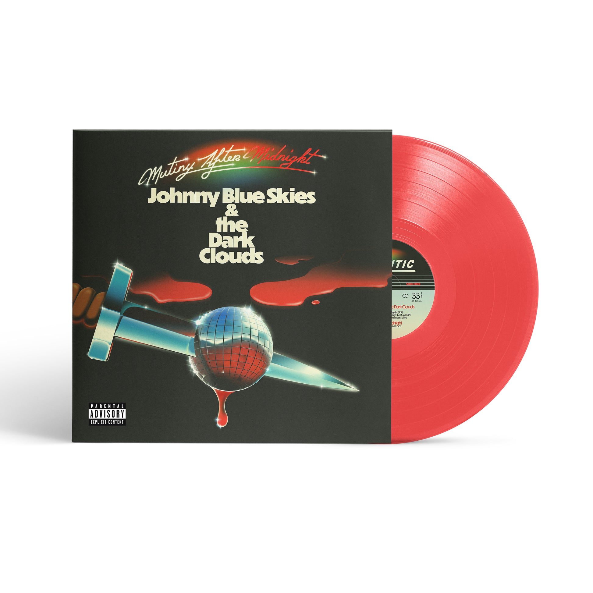product mockup for Johnny Blue Skies & the Dark Clouds - Mutiny After Midnight [Indie Exclusive Trans. Red LP]