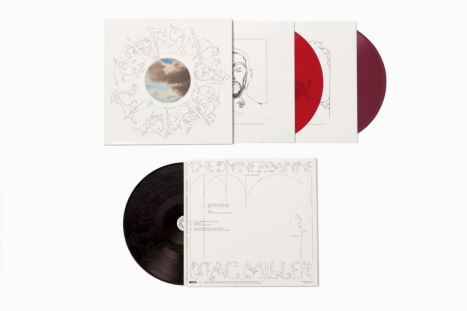 product mockup for Mac Miller - The Divine Feminine (10th Anniv.) [Apple + Fruit Punch + Black Ice Ruby 3LP]