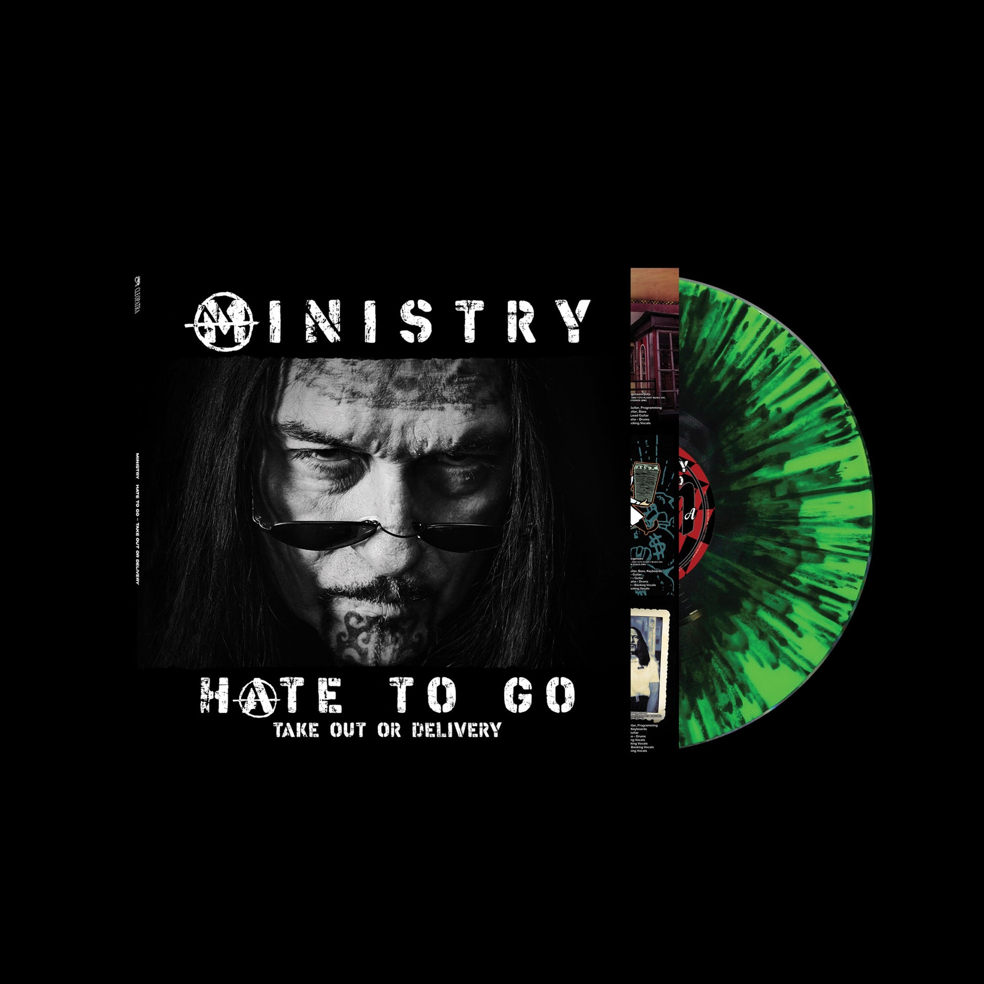 product mockup for Ministry - Hate To Go - Take Out Or Delivery [Black/Green Splatter LP]