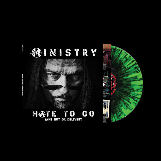 product mockup for Ministry - Hate To Go - Take Out Or Delivery [Black/Green Splatter LP]