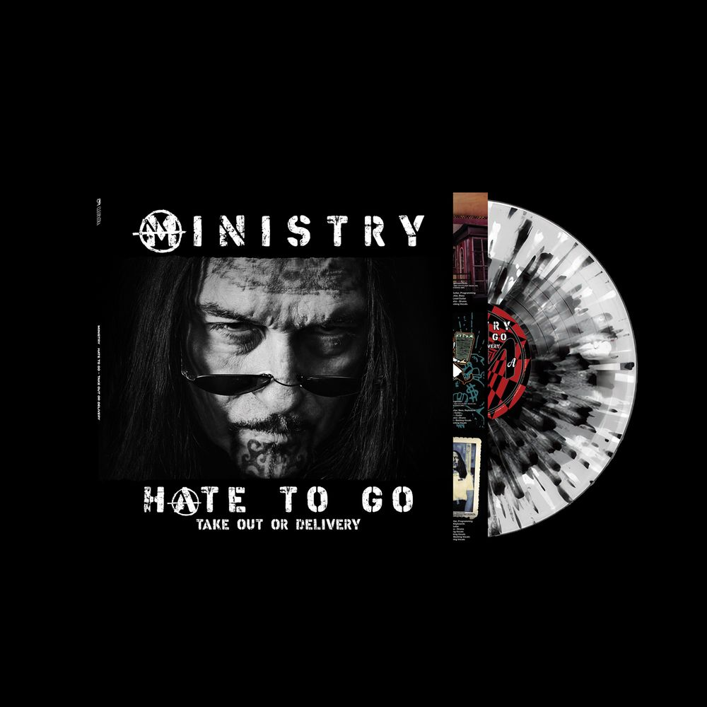 product mockup for Ministry - Hate To Go - Take Out Or Delivery [Black/Silver Splatter LP]