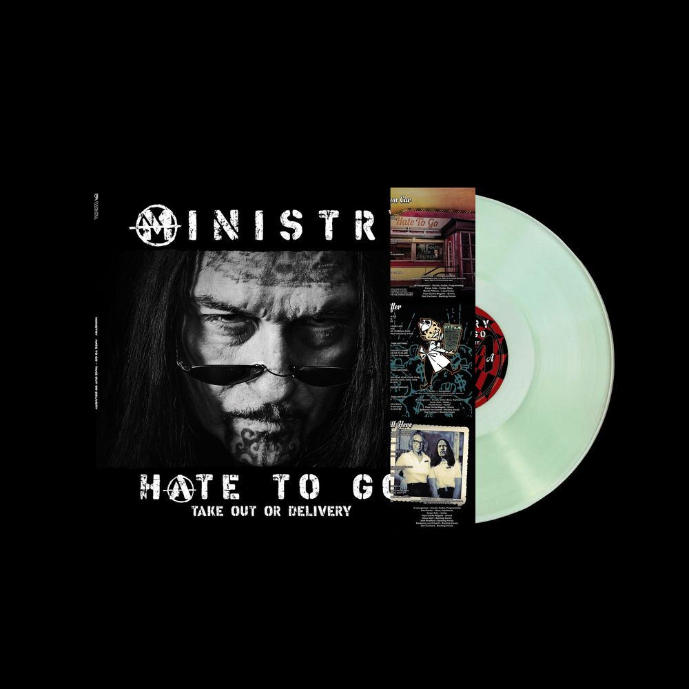 product mockup for Ministry - Hate To Go - Take Out Or Delivery [Coke Bottle Green LP]
