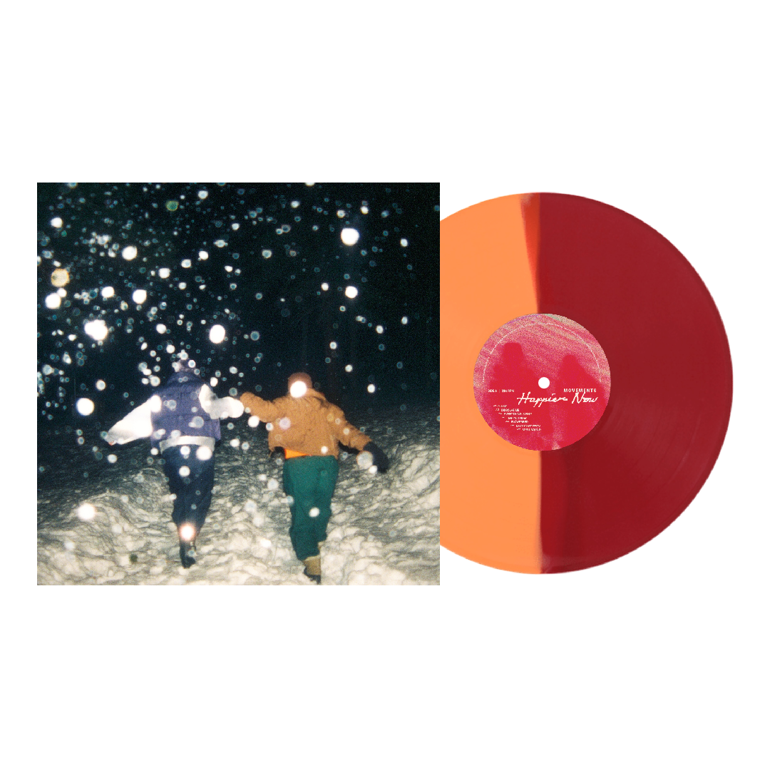 product mockup for Movements - Happier Now [Split Tangerine/Apple Red LP]