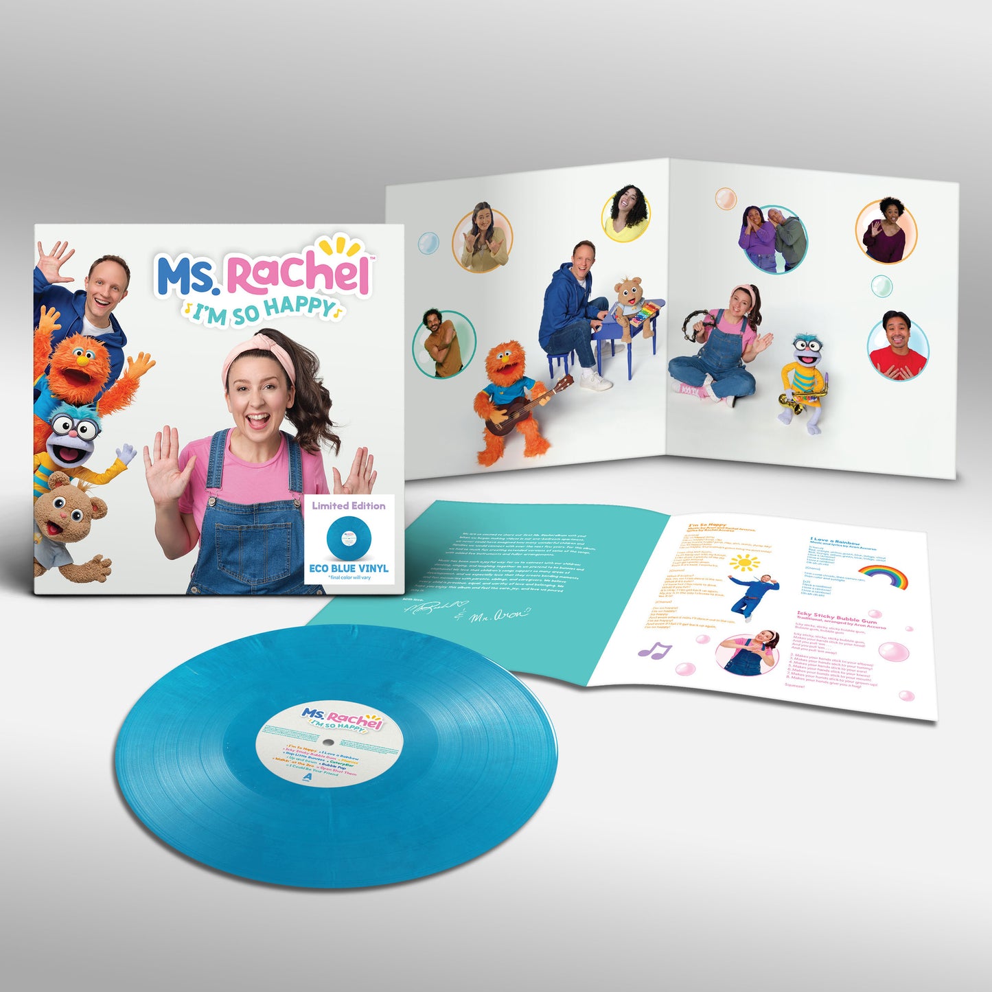 product mockup for Ms. Rachel - I'm So Happy [Eco Blue LP]