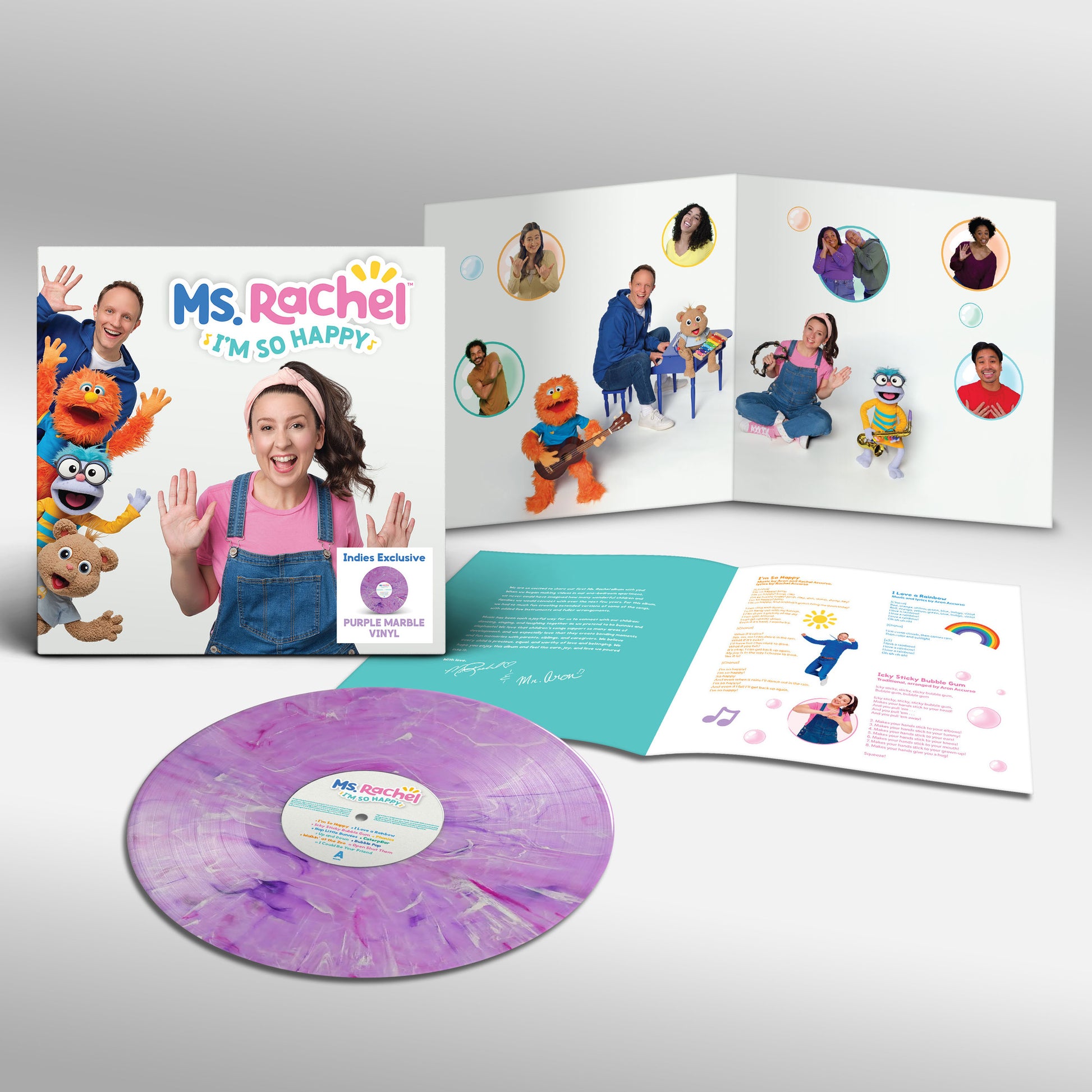 product mockup for Ms. Rachel - I'm So Happy [Indie Exclusive Marble Purple LP]