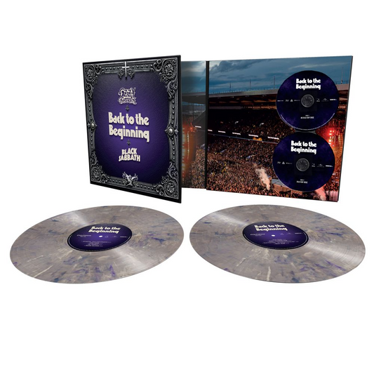 product mockup for Ozzy Osbourne & Black Sabbath - Back to the Beginning [Indie Exclusive Silver & Purple Metallic Splatter 2LP/Blu-ray/4K UHD]