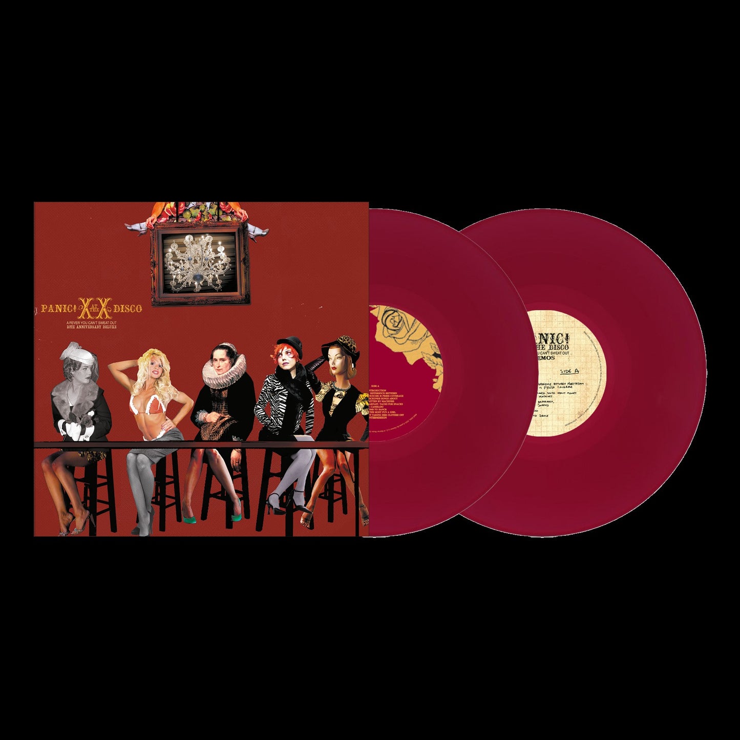 Product mockup for Panic! At The Disco - A Fever You Can't Sweat Out 20th anniversary 2LP red vinyl