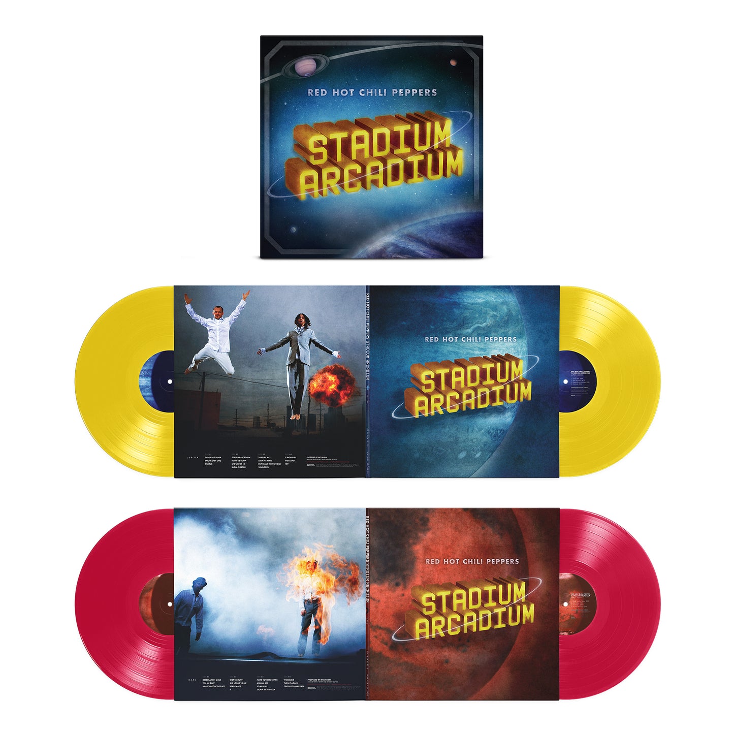 product mockup for Red Hot Chili Peppers - Stadium Arcadium: 20th Anniv. [Canary Yellow & Apple Red 4LP]