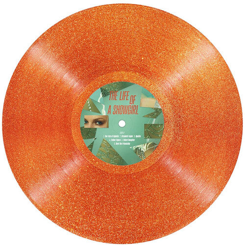 Product mockup for Taylor Swift - The Life of a Showgirl on glitter orange vinyl LP