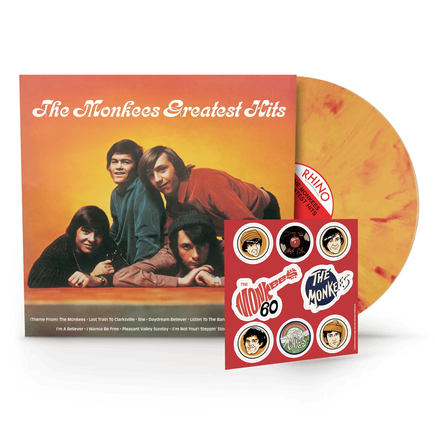 product mockup for The Monkees - Greatest Hits [Brick & Mortar Exclusive Yellow Flame LP w/ Sticker Pack]