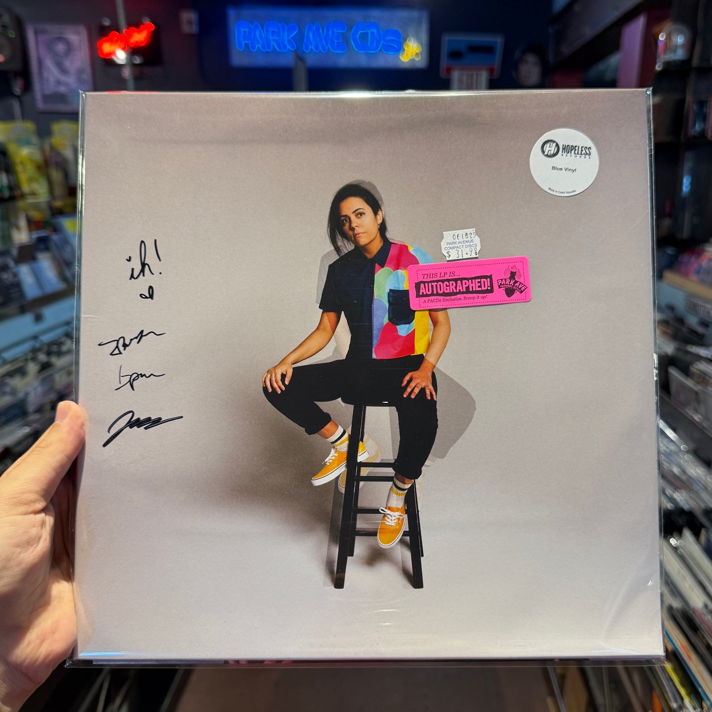 Signed copy of Illuminati Hotties' album Power on blue vinyl