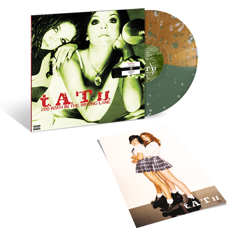 product mockup for t.A.T.u. - 200 km/h In The Wrong Lane [Green/Gold Nugget Split Splatter LP]
